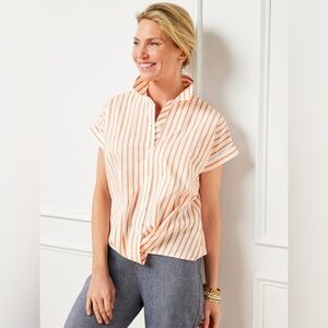Talbots Twist Hem Shirt Nautical Stripe Button Down Dolman Boxy Orange Large